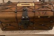Antique  a wooden money  chest , having brass escutcheon and black metal hinges. 20cm x10