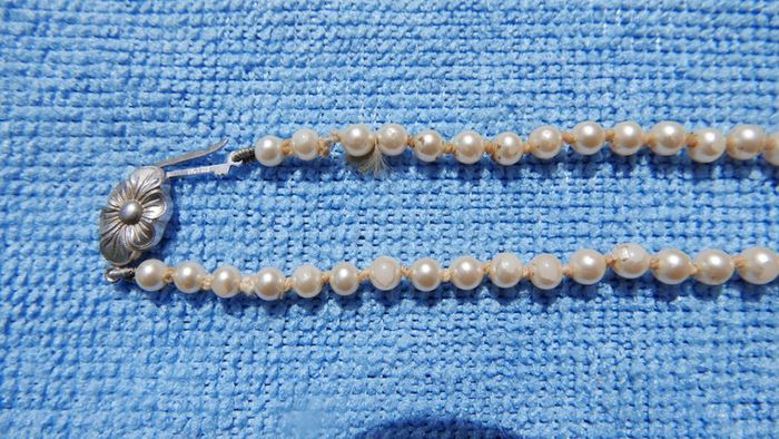 Vintage 60's Long Hand Knotted Faux Cream Pearl? Necklace Sterling Silver 925 Clasp