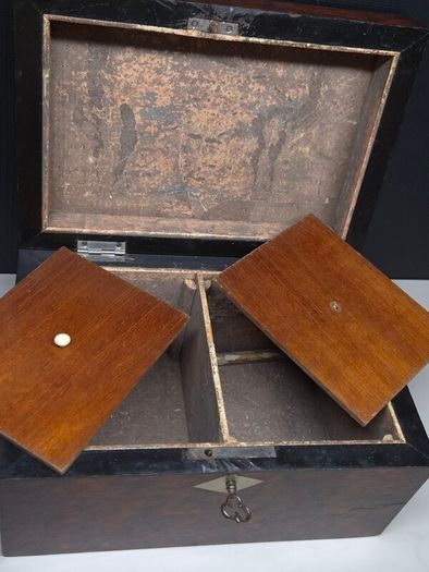 Antique Victorian Burr Wood Tea Caddy Brass Inlay c1850 1880 With Key