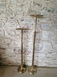 Pair of Tall Adjustable Brass Planters  Display Stands Vintage Edwardian Style Pedestals