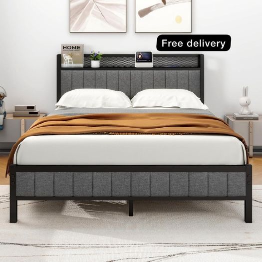 King Size Bed Frame with Storage and Headboard Shelf