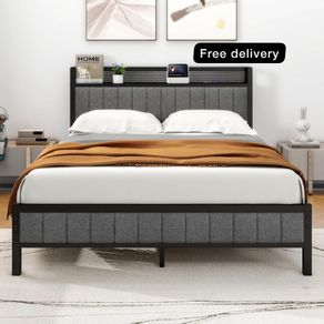 King Size Bed Frame with Storage and Headboard Shelf