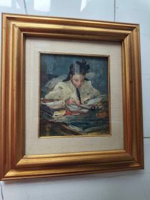 Oil painting of a girl reading at a desk