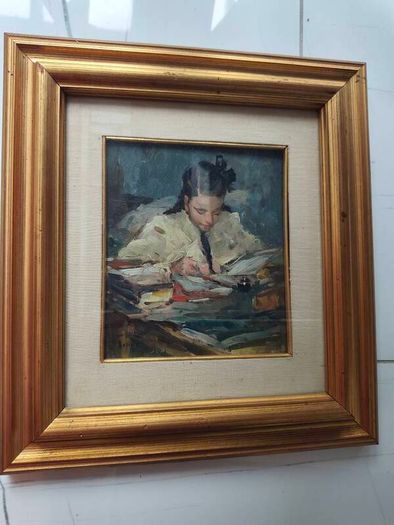 Oil painting of a girl reading at a desk