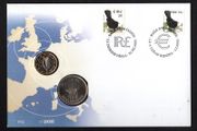2002 Ireland Punt and Euro Philatelic Numismatic Cover (PNC) with IR1 coin and E1 coin tied with 30p &amp; 38c blackbird definitive stamps