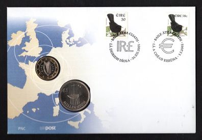 2002 Ireland Punt and Euro Philatelic Numismatic Cover (PNC) with IR1 coin and E1 coin tied with 30p & 38c blackbird definitive stamps