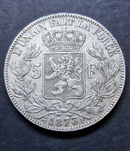 Belgium 1873 Silver 5 Francs coin