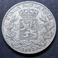Belgium 1873 Silver 5 Francs coin