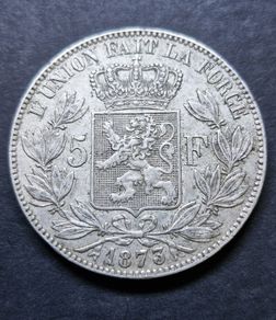 Belgium 1873 Silver 5 Francs coin