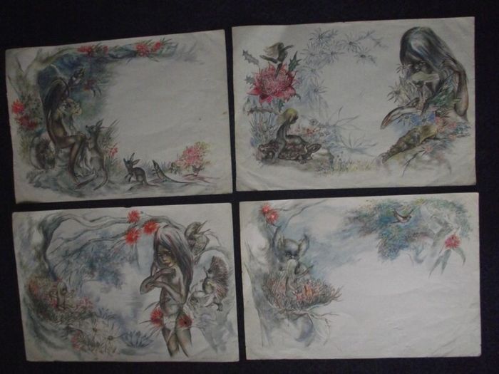 Brownie Downing - 4 X Rare Original Watercolour Illustrations - 3 signed