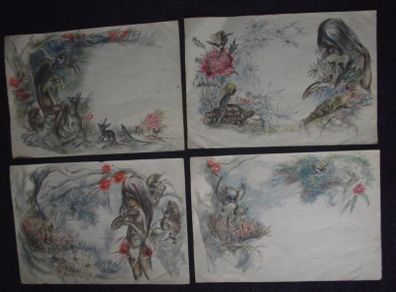 Brownie Downing - 4 X Rare Original Watercolour Illustrations - 3 signed