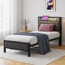 Single Bed Frames with Storage Headboard and Charging Station/LED Lights,Heavy Duty Metal Bed Frame Single No Box Spring Needed,Solid Bedstead Base/Strong Steel Slats Support/Grey Image 3