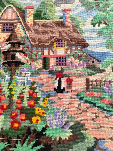 Vintage Hand Stitched Needlepoint Tapestry in Ornate Frame wall art Le Digeonier cottage