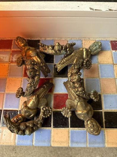 4 Vintage Spanish Brass Angel Mounts with Fruit Garlands, plus Basket Piece