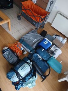 Camping tent, mattress, pump, trolley, kitchen, stove, etc