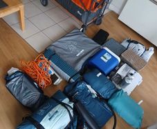 Camping tent, mattress, pump, trolley, kitchen, stove, etc