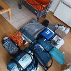 Camping tent, mattress, pump, trolley, kitchen, stove, etc