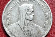 Switzerland (1848-date)  5 Francs Herdsman; silver; small type