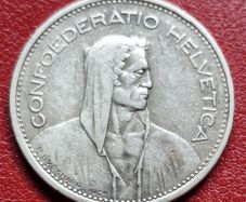 Switzerland (1848-date)  5 Francs Herdsman; silver; small type