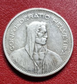Switzerland (1848-date)  5 Francs Herdsman; silver; small type