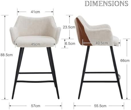 Modern Bar Stools Set of 2 Counter Stools PU Leather + Linen Fabric Spliced High Bar Stools for Breakfast with Metal Legs