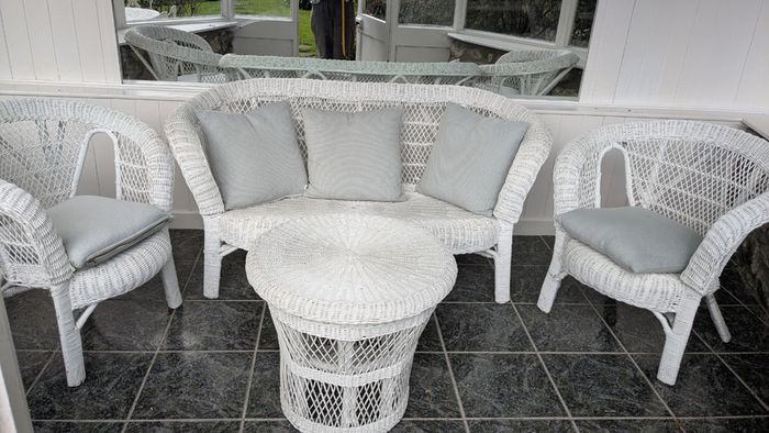 White wicker conservatory set - sofa, two chairs and table