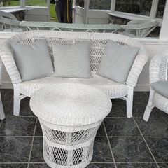 White wicker conservatory set - sofa, two chairs and table