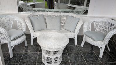 White wicker conservatory set - sofa, two chairs and table