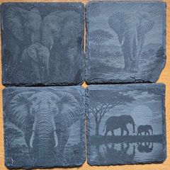 Hand-engraved Elephant Slate Coasters