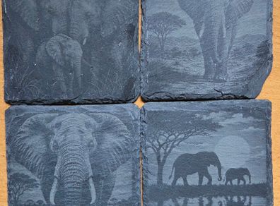 Hand-engraved Elephant Slate Coasters