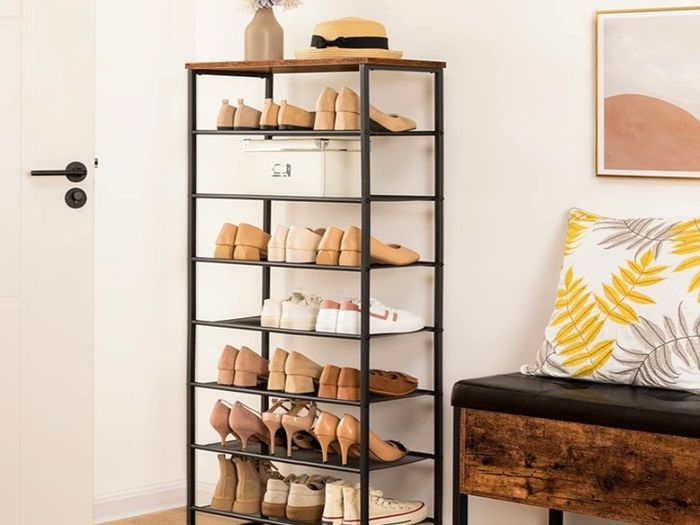 8-Tier Shoe Rack, Tall Shoe Shelf, Shoe Organizer Rack for 21-28 Pairs of Shoes, Detachable Metal Mesh, Narrow Shoe Stand for Hallway, Living Room, Sturdy, Industrial, Rustic Brown (FREE POSTAGE)
