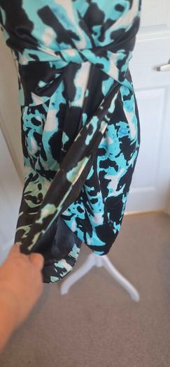 Teatro Aqua Blue Abstract Print Satin Wiggle Cocktail Party Dress UK 12