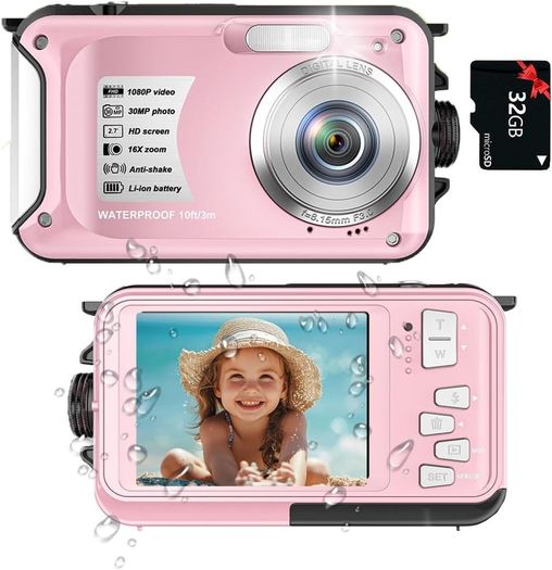 YISENCE YS812 Underwater Camera, Waterproof, 10FT, 1080P Full HD, 30MP, 16X Digital Zoom, 32GB Memory Card, Anti-Shake, Pink
