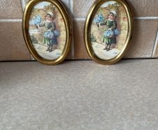 Vintage Pair Wall oval Brass frames features a young girl holding flowers