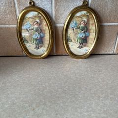 Vintage Pair Wall oval Brass frames features a young girl holding flowers
