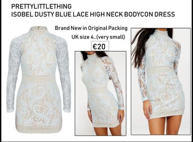 Pretty LittleThing Isobel Dusty Blue Lace High Neck Bodycon Dress BNWOT