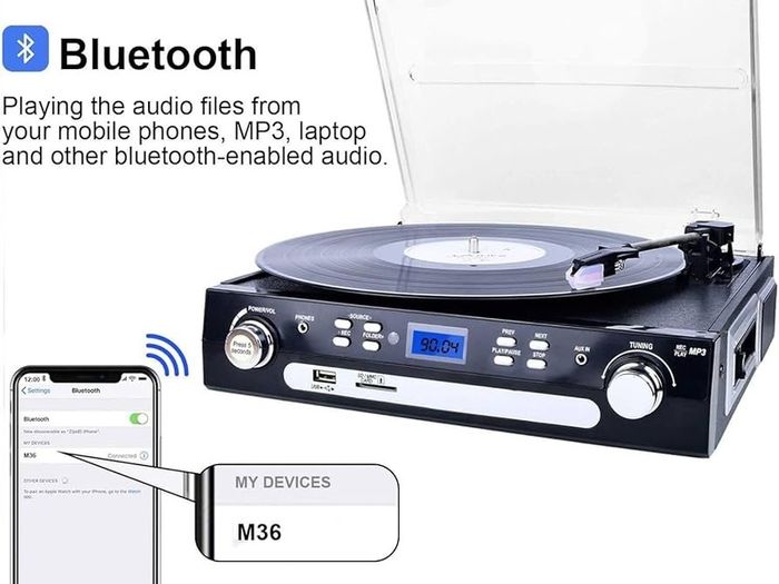 NEW SALE | Vinyl Record Player, Bluetooth Turntable with Stereo Speakers, Turntable for Vinyl to MP3 with Cassette Play, AM/FM Radio, Remote Control