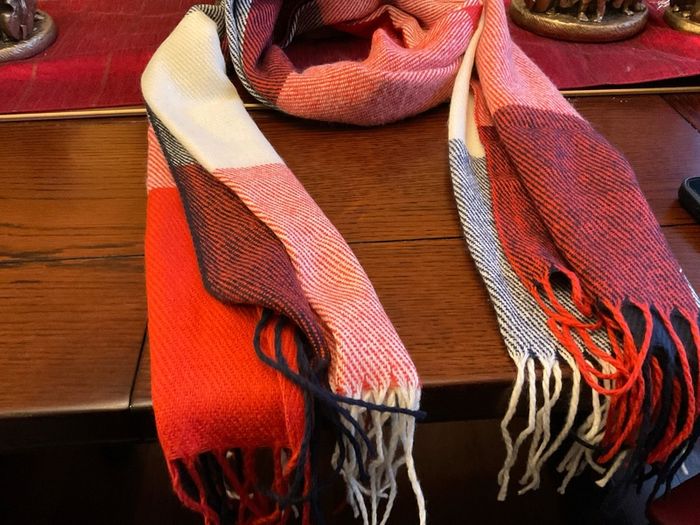 New warm and cosy scarf in shades of rust ,cream black and burnt orange
