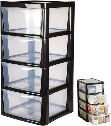 4 Drawer Large Plastic Storage Unitr,Sturdy Drawer Tower Organizer, Home Office School Kids Toy Bedroom Storage Solution, With See Through Drawers for Home Office Crafts Black Clear