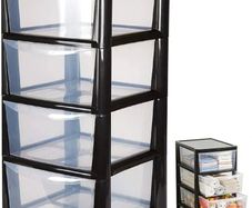 4 Drawer Large Plastic Storage Unitr,Sturdy Drawer Tower Organizer, Home Office School Kids Toy Bedroom Storage Solution, With See Through Drawers for Home Office Crafts Black Clear