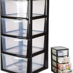 4 Drawer Large Plastic Storage Unitr,Sturdy Drawer Tower Organizer, Home Office School Kids Toy Bedroom Storage Solution, With See Through Drawers for Home Office Crafts Black Clear