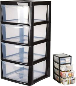 4 Drawer Large Plastic Storage Unitr,Sturdy Drawer Tower Organizer, Home Office School Kids Toy Bedroom Storage Solution, With See Through Drawers for Home Office Crafts Black Clear