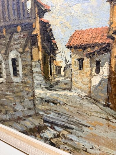 Vintage Oil Painting on Canvas , Rustic Village Street Scene, Signed