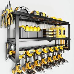 Power Tool Organizer Wall Mount - 150Lbs Load 3 Layers Storage Rack with 7 Drill Holders for Drills Cordless Tools. Heavy Duty Iron Garage Tool Organizer Storage for Workshop Shed Pegboard Basement