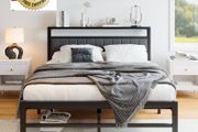 Double Bed Frame with Storage Headboard, 4ft6 Metal Upholstered Platform Bed Frame Double Bed/Under Bed Storage/No Box Spring Needed, Dark Gray