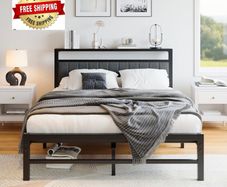 Double Bed Frame with Storage Headboard, 4ft6 Metal Upholstered Platform Bed Frame Double Bed/Under Bed Storage/No Box Spring Needed, Dark Gray
