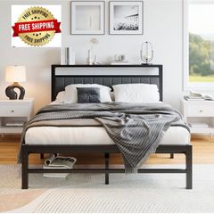 Double Bed Frame with Storage Headboard, 4ft6 Metal Upholstered Platform Bed Frame Double Bed/Under Bed Storage/No Box Spring Needed, Dark Gray