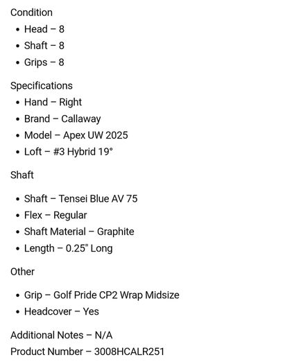 Callaway Apex UW 2025 Hybrid / #3 19 Degree / Tensei Blue AV 75 Regular