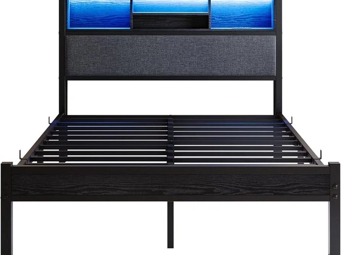 4ft6 Double Size Bed Frame with Storage Shelf Upholstered Headboard,Platform Bed Frame with Charging Station and LED Lights,Metal Bed Frame Double Size,No Box Spring Needed,Noise Free, Black+Grey