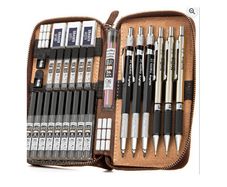 Nicpro 29PCS Art Mechanical Pencils Set in Leather Case, Metal Drafting Pencil 0.5, 0.7, 0.9 mm, 2mm Lead Pencil Holders for Sketching Drawing